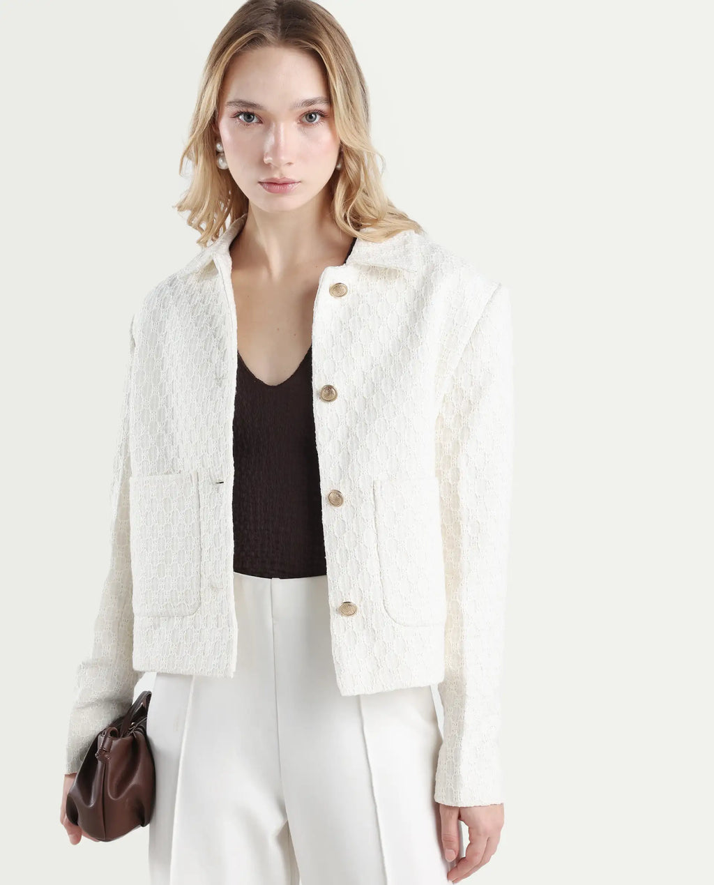 Rareism Women's Tizol-W Off White Polyester Blend Spread Collar Regular Fit Jacket