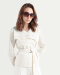 Rareism Women's Tokat Light Beige Cotton Ribbed Collar Plain Ribbed Sleeve Boxy Fit Jacket