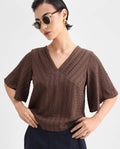 Rareism Women's Tolah Brown Polyester Blend V-Neck Plain Bell Sleeve Regular Fit Top