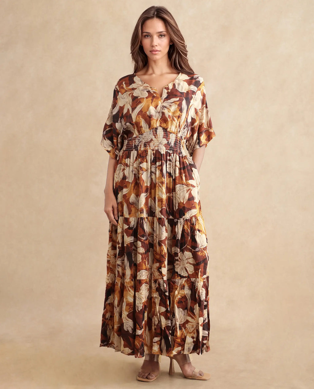 Rareism Women's Toluca Light Brown Cotton Blend V-Neck Abstract Print Bell Sleeve Midi Fit And Flare Dress