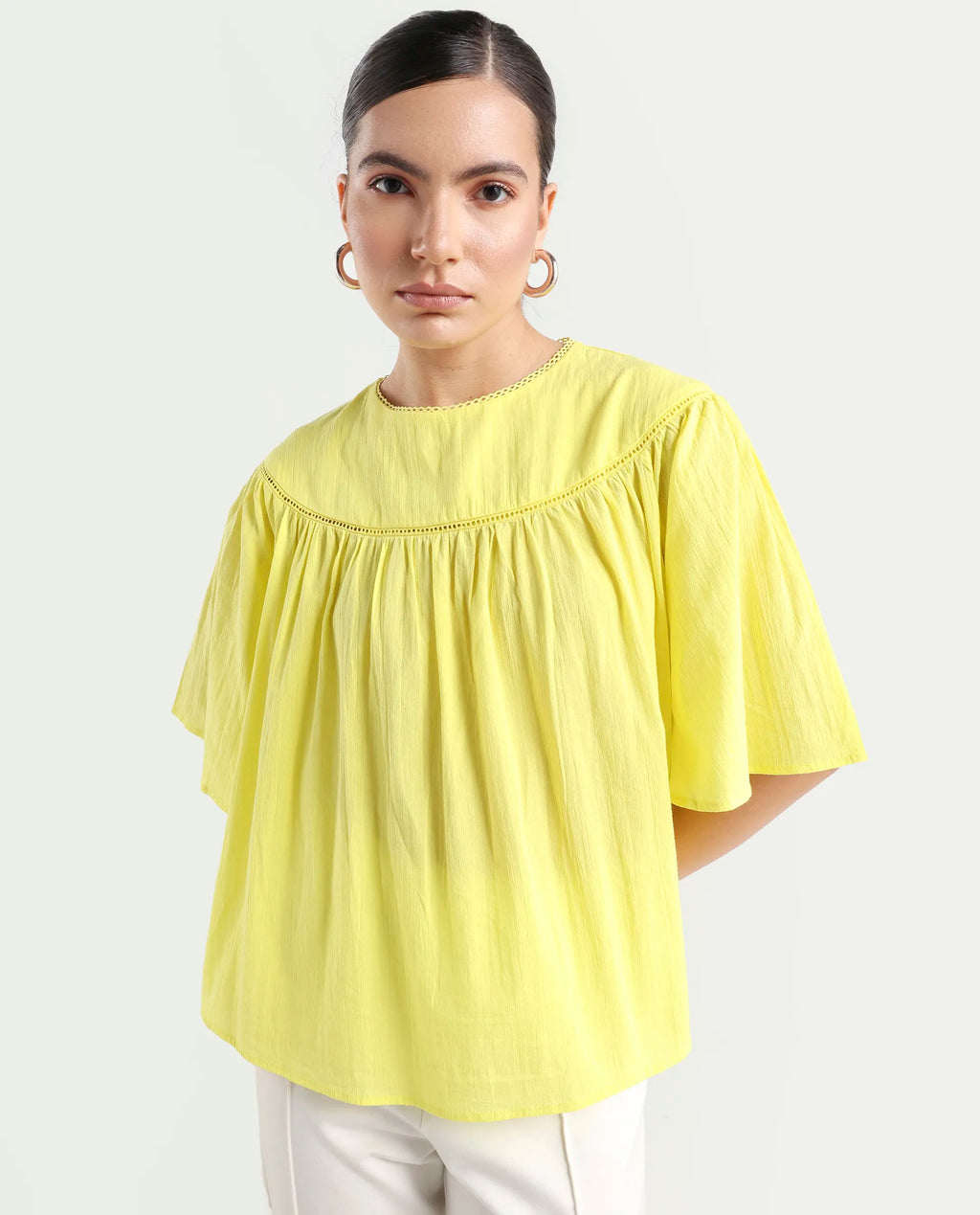 Rareism Women's Tonala Yellow Cotton Blend Crew Neck Plain Raglan Sleeve Relaxed Fit Top