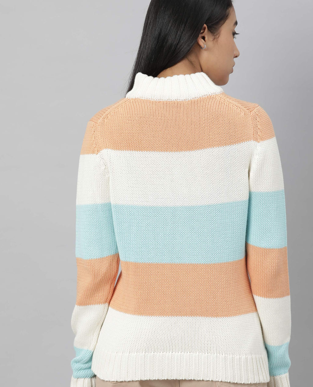 Rareism Women's Tony Orange Turtle Neck Color Block Regular Fit Sweater