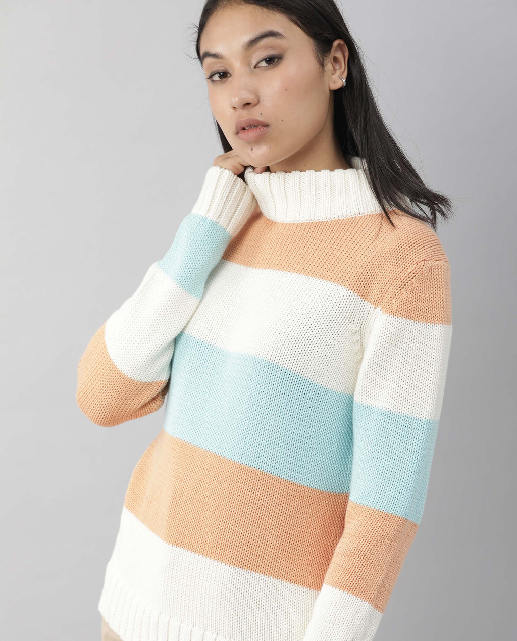 Rareism Women's Tony Orange Turtle Neck Color Block Regular Fit Sweater