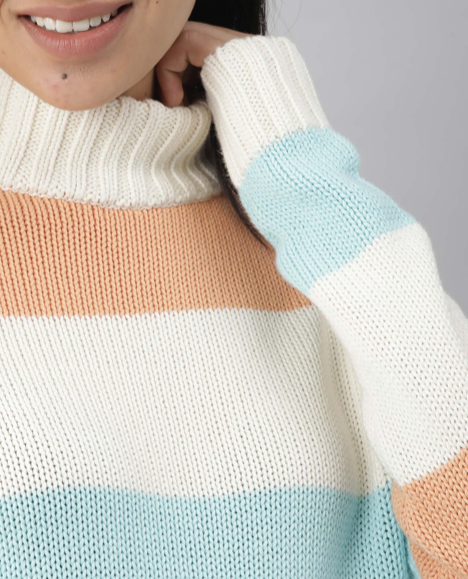 Rareism Women's Tony Orange Turtle Neck Color Block Regular Fit Sweater