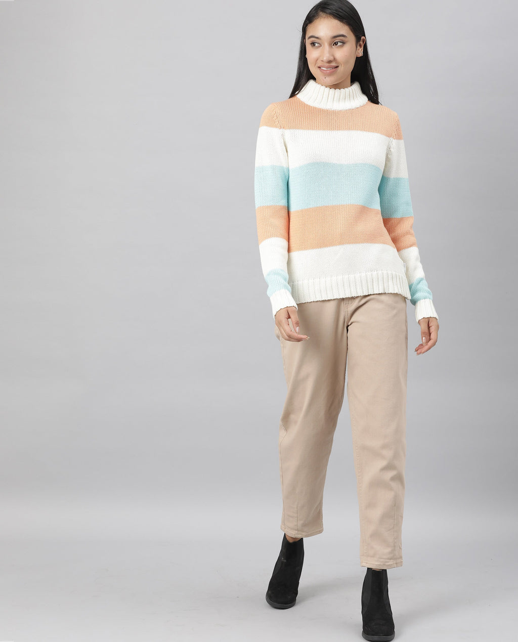 Rareism Women's Tony Orange Turtle Neck Color Block Regular Fit Sweater