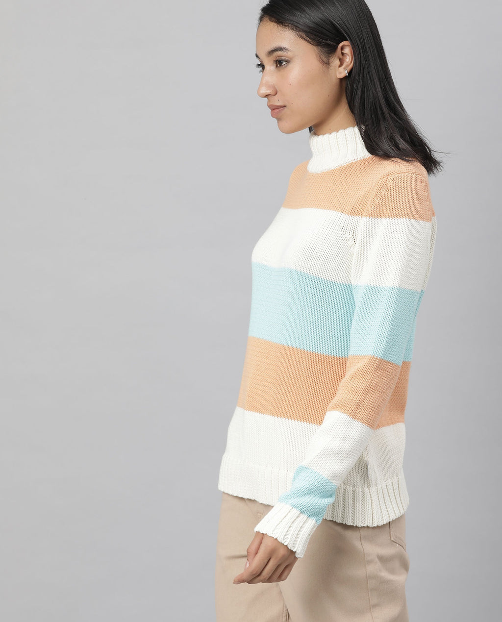 Rareism Women's Tony Orange Turtle Neck Color Block Regular Fit Sweater