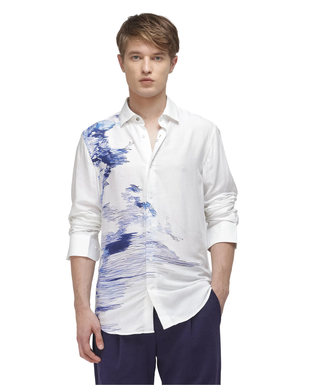 Rare Rabbit Men's Topan White Viscose Blend Abstract Print Relaxed Fit Full Sleeve Collared Shirt