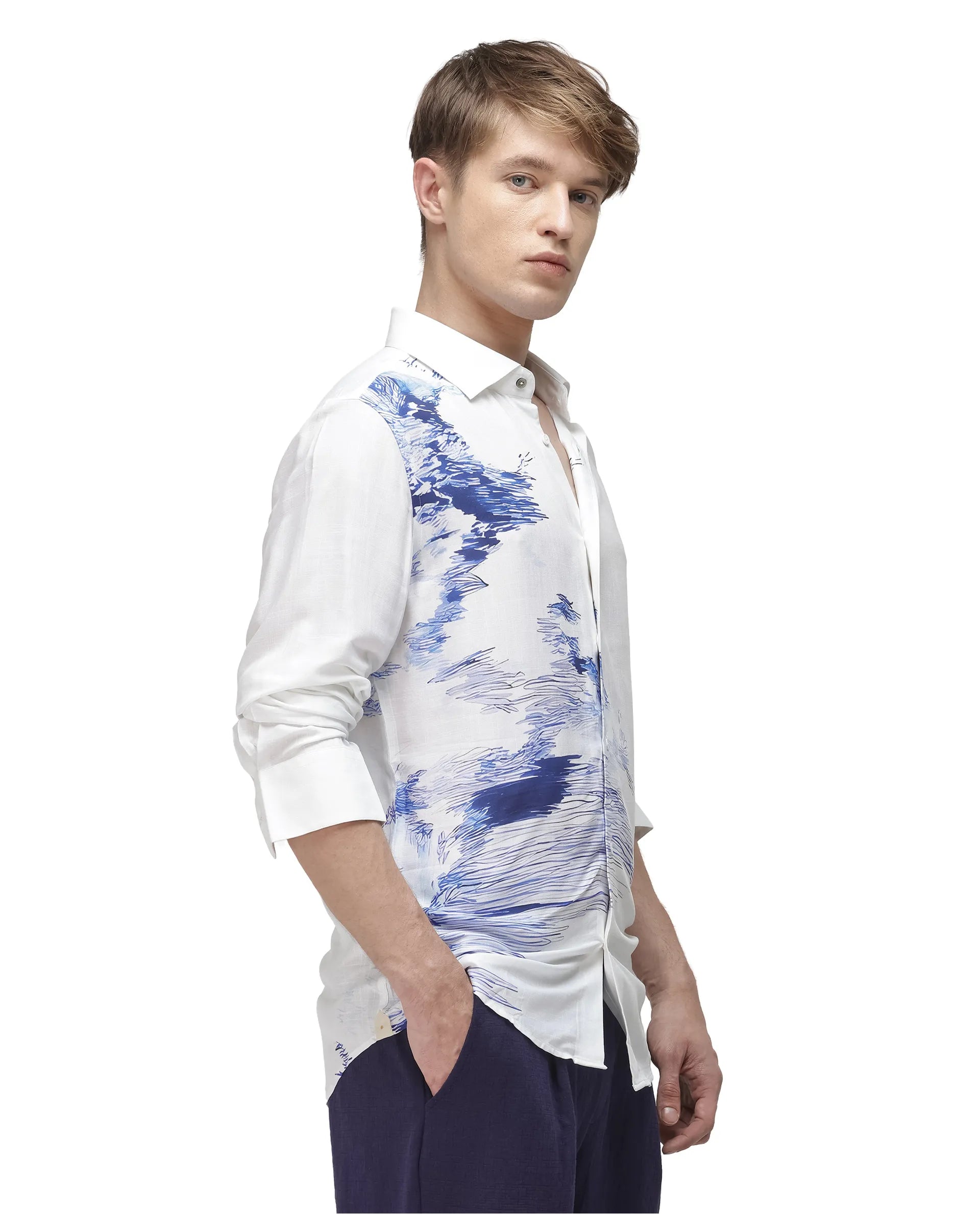 Rare Rabbit Men's Topan White Viscose Blend Abstract Print Relaxed Fit Full Sleeve Collared Shirt