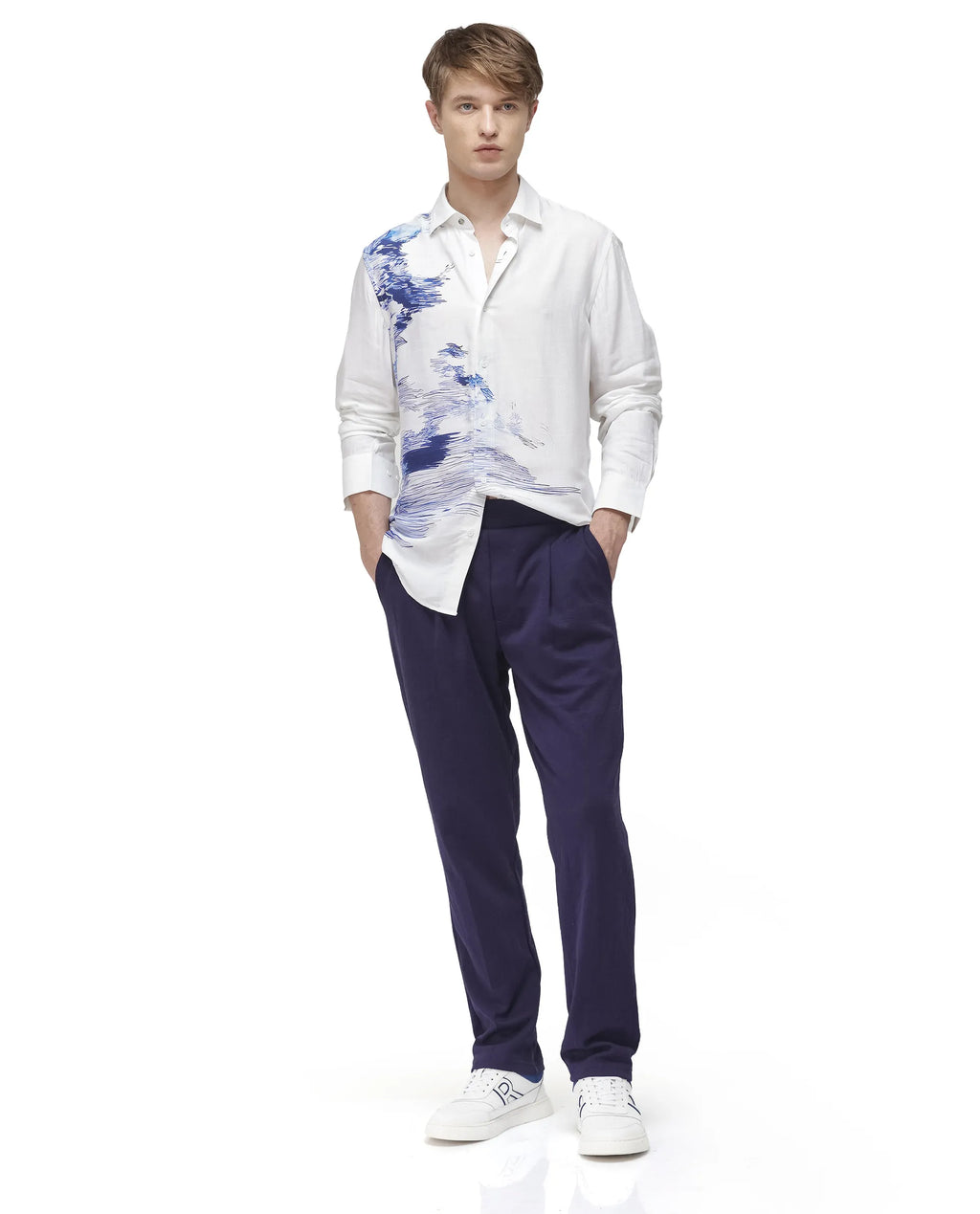 Rare Rabbit Men's Topan White Viscose Blend Abstract Print Relaxed Fit Full Sleeve Collared Shirt