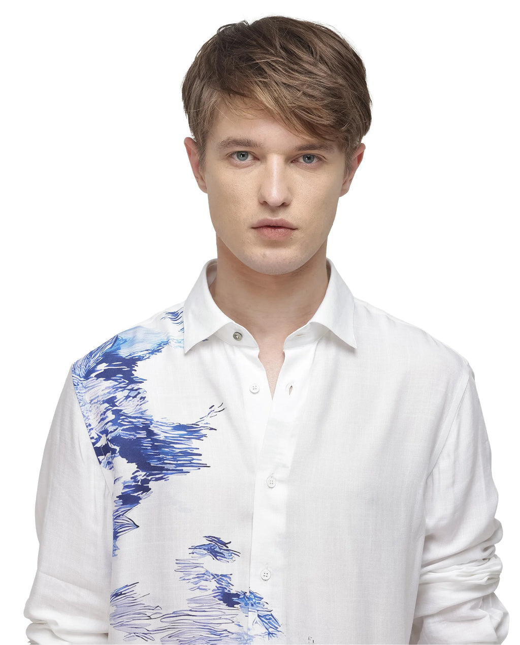 Rare Rabbit Men's Topan White Viscose Blend Abstract Print Relaxed Fit Full Sleeve Collared Shirt