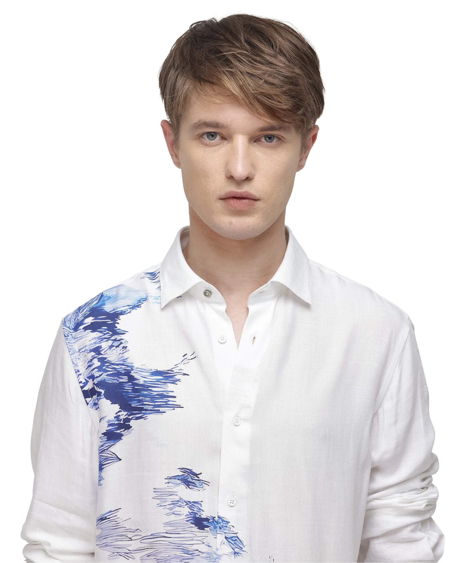 Rare Rabbit Men's Topan White Viscose Blend Abstract Print Relaxed Fit Full Sleeve Collared Shirt