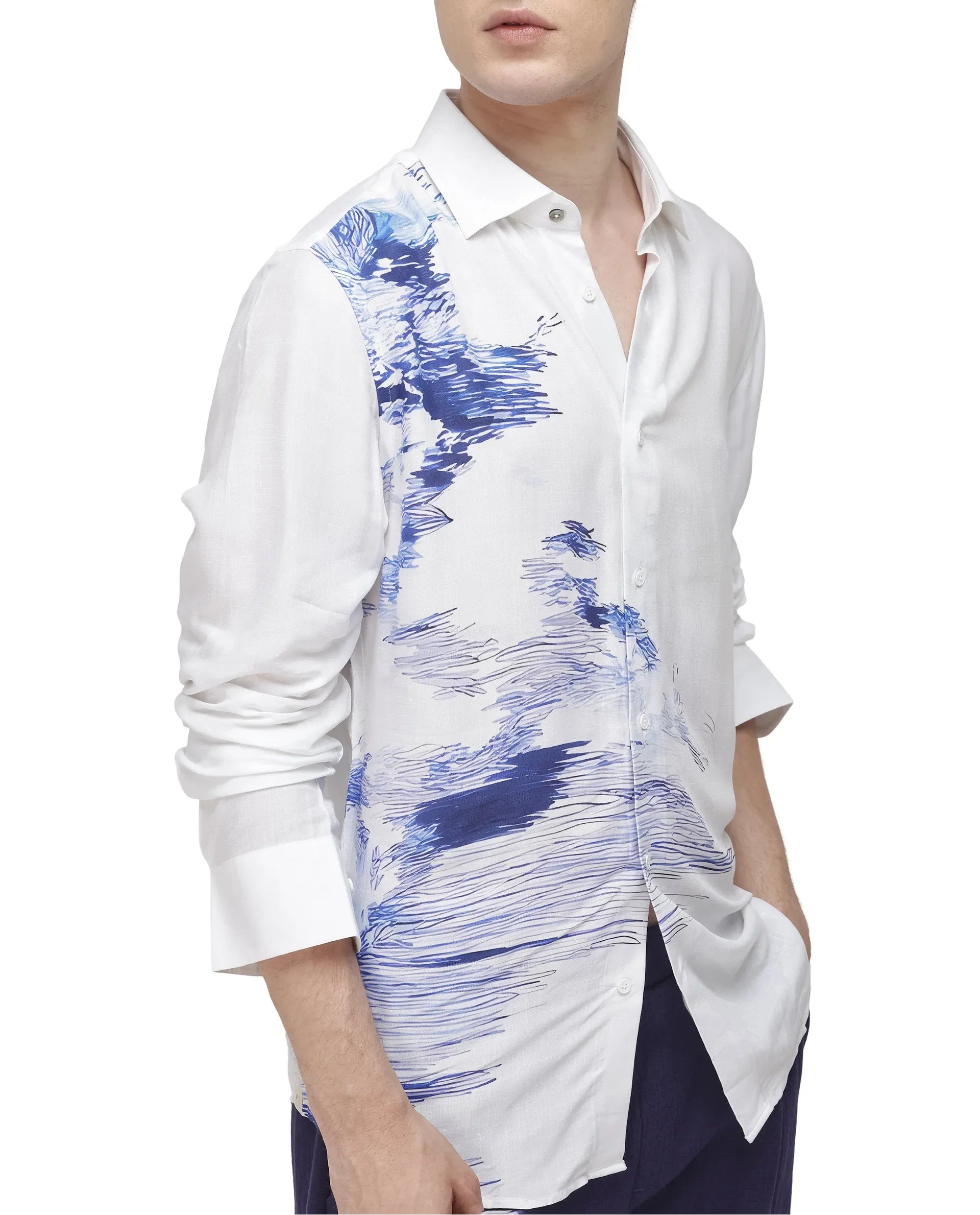 Rare Rabbit Men's Topan White Viscose Blend Abstract Print Relaxed Fit Full Sleeve Collared Shirt