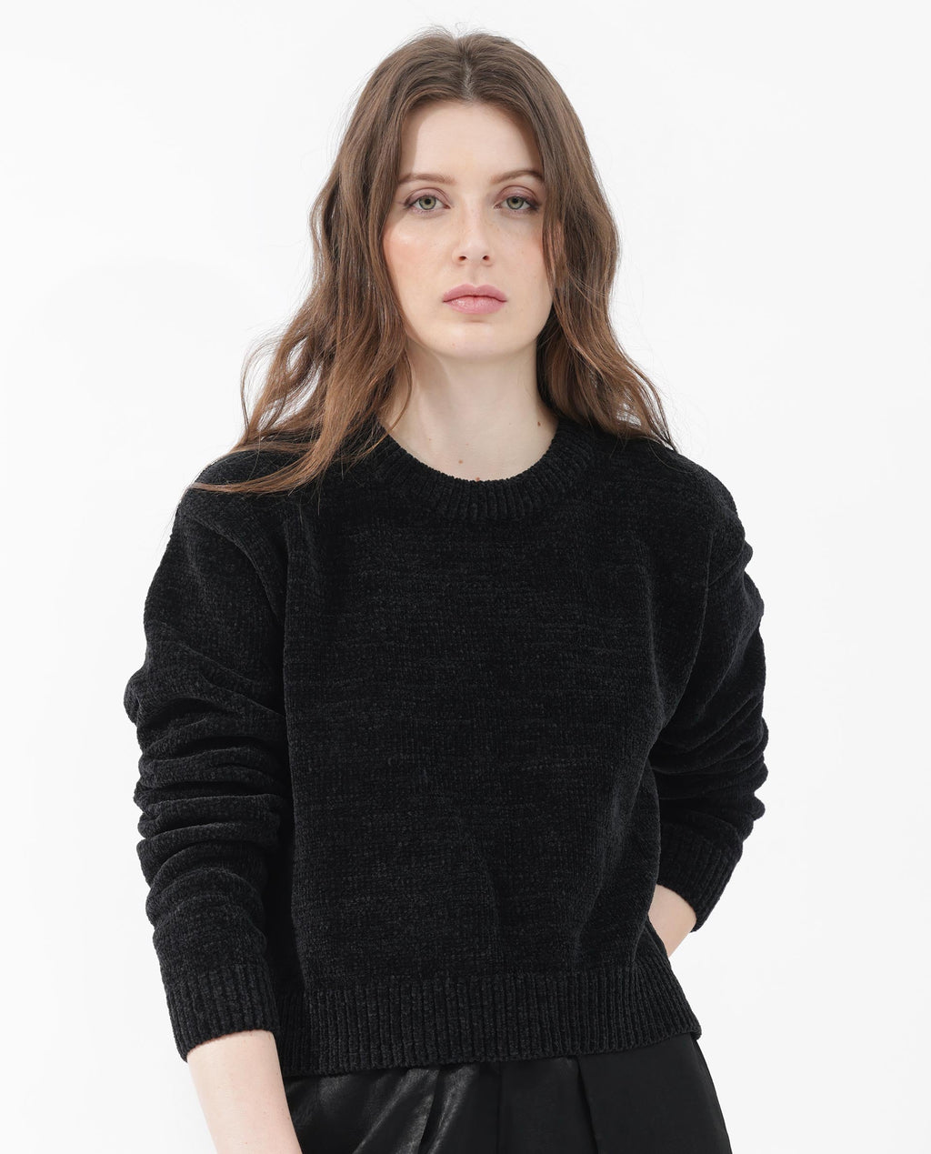 Rareism Women's Tosti Black Cotton Crew Neck Plain Regular Fit Sweater