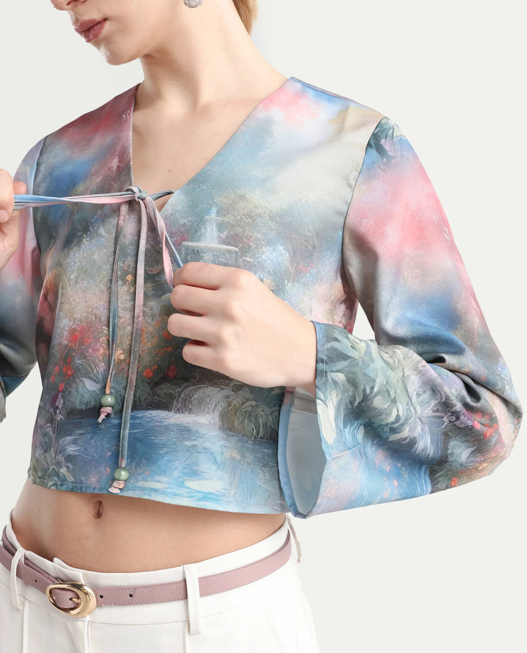Rareism Women's Toulon Multi Satin V-Neck Abstract Print Bell Sleeve Crop Regular Fit Top