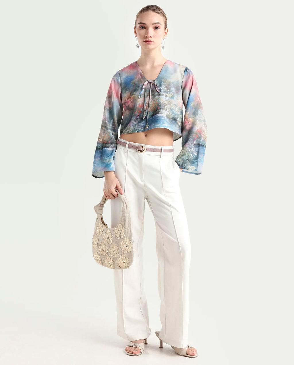 Rareism Women's Toulon Multi Satin V-Neck Abstract Print Bell Sleeve Crop Regular Fit Top