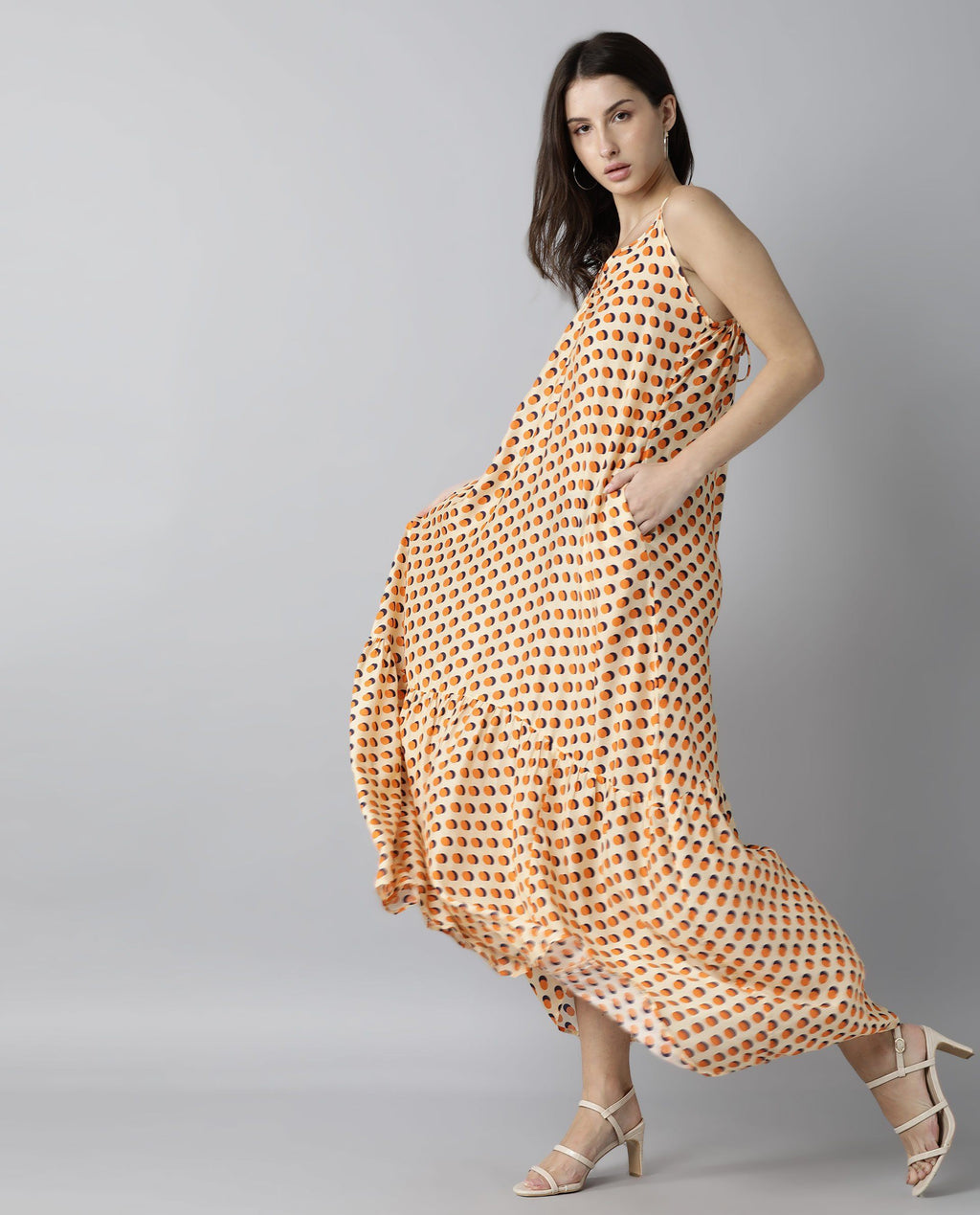 Rareism Women Tou Orange Dress Sleeveless Printed