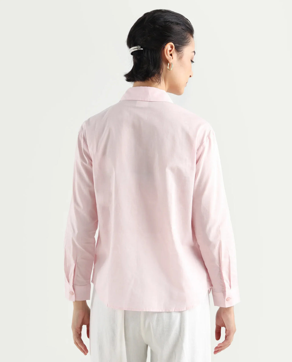 Rareism Women's Towol Light Pink Cotton Spread Collar Plain Cuffed Sleeve Relaxed Fit Top