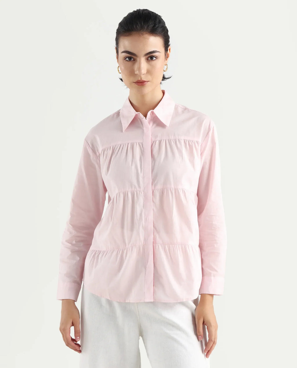 Rareism Women's Towol Light Pink Cotton Spread Collar Plain Cuffed Sleeve Relaxed Fit Top