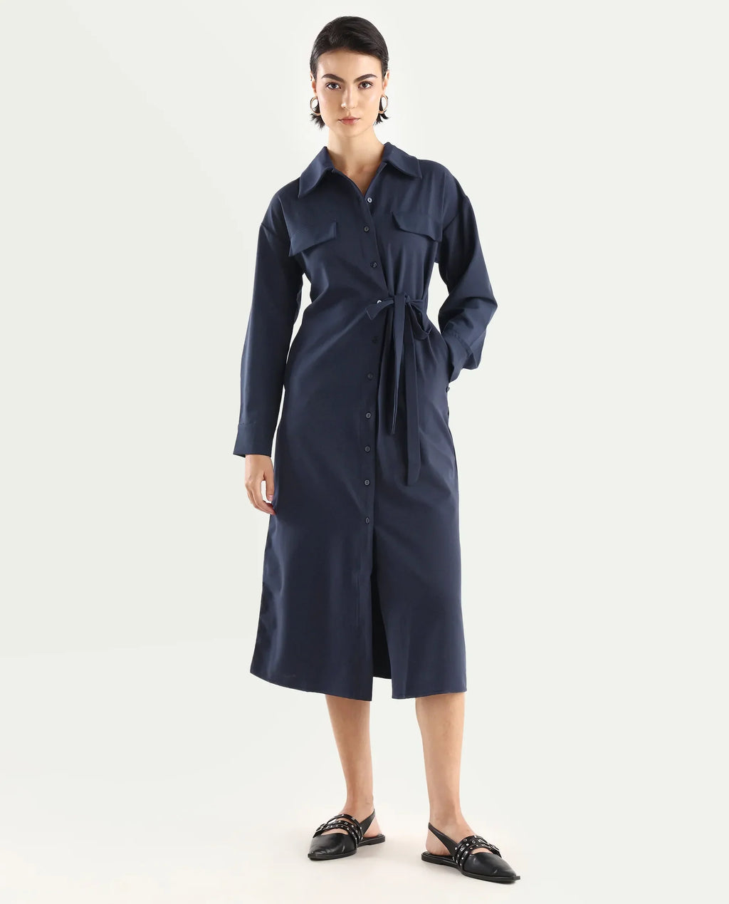 Rareism Women's Towoo Navy Drop Collar Plain Cuffed Sleeve Maxi Regular Fit Jacket