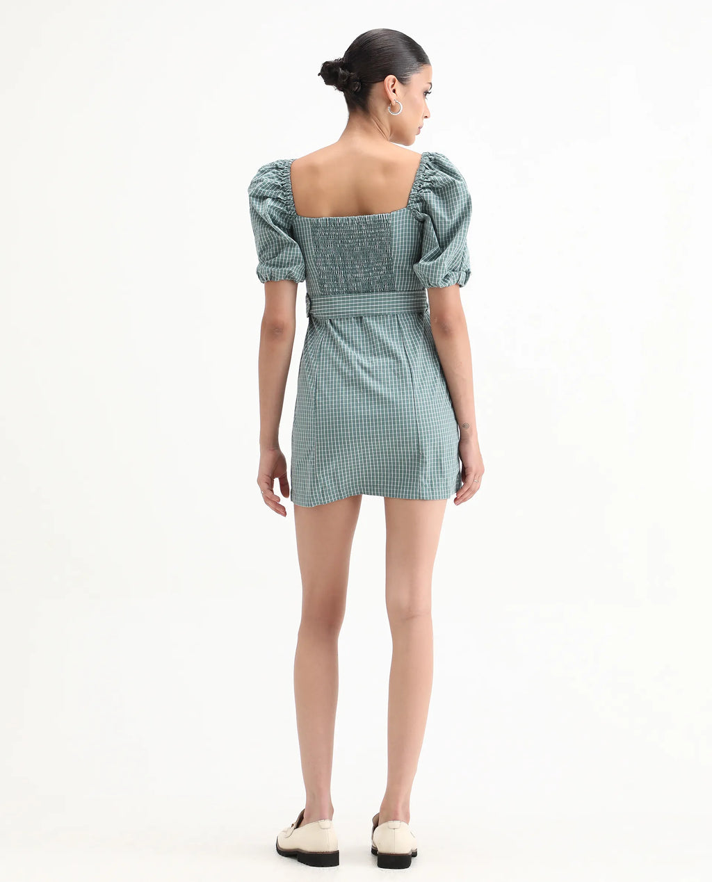 Rareism Women's Train Green Linen Square Neck Checked Puff Sleeves Mini Slim Fit Dress