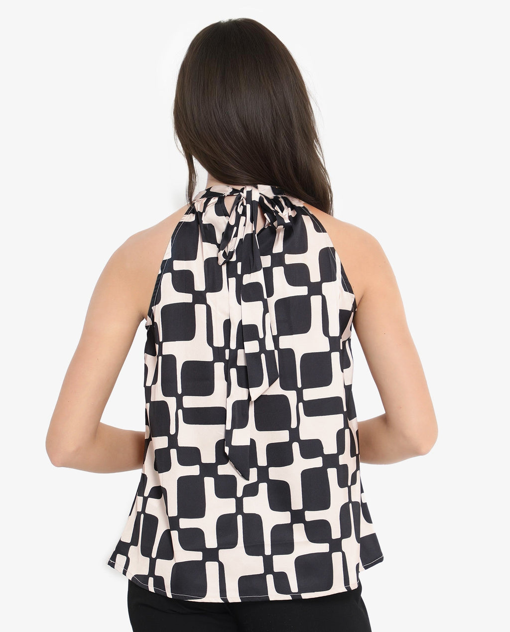 Rareism Women's Trapani Black Satin Halter Neck Abstract Print Sleeveless Regular Fit Top