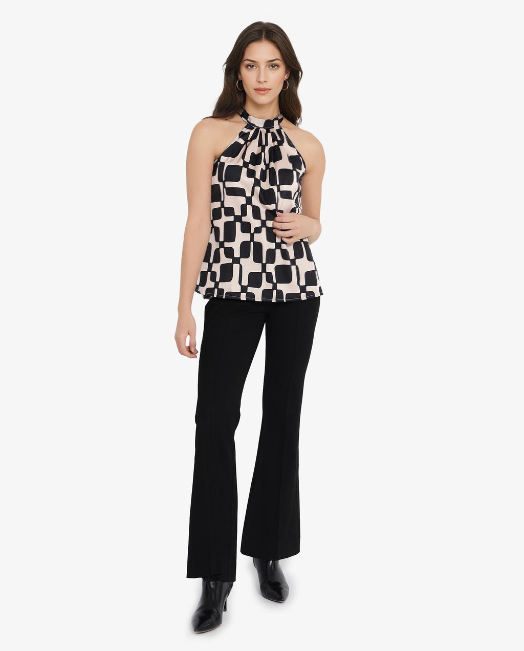 Rareism Women's Trapani Black Satin Halter Neck Abstract Print Sleeveless Regular Fit Top