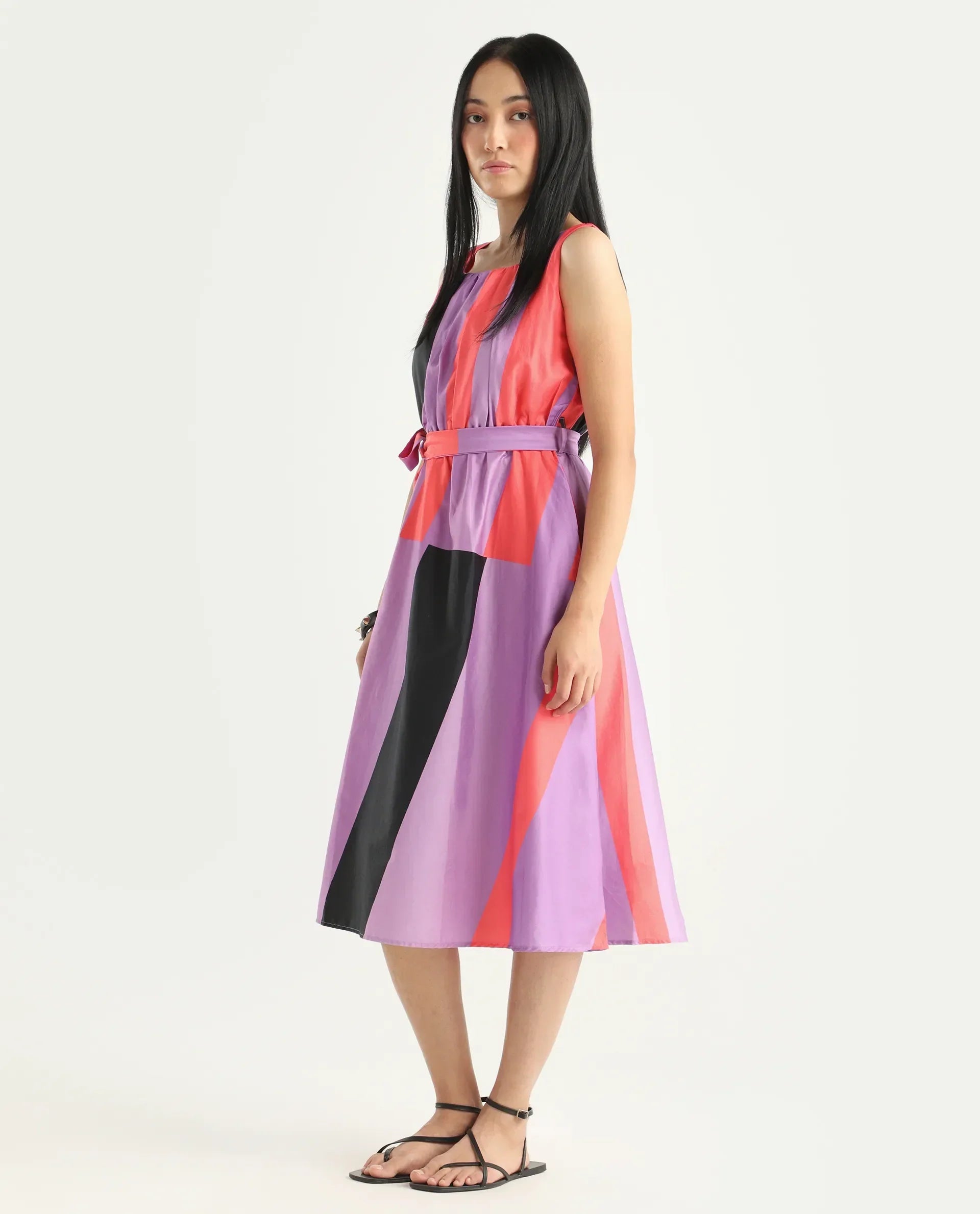 Rareism Women's Traut Purple Cotton Crew Neck Striped Sleeveless Knee Length Regular Fit Dress