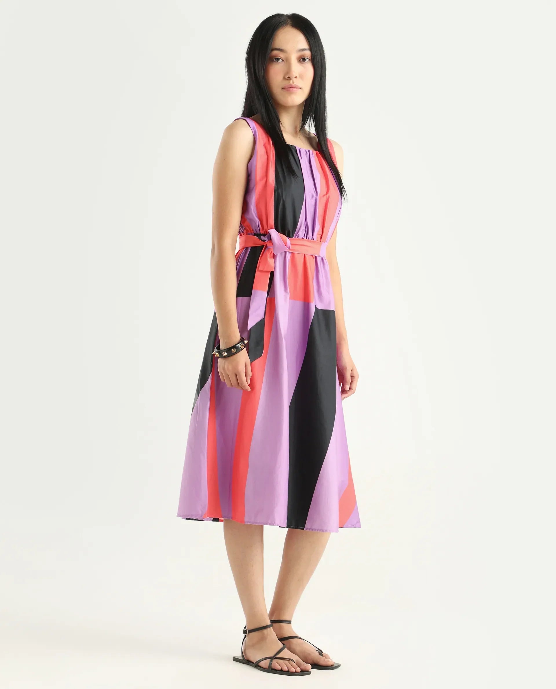 Rareism Women's Traut Purple Cotton Crew Neck Striped Sleeveless Knee Length Regular Fit Dress