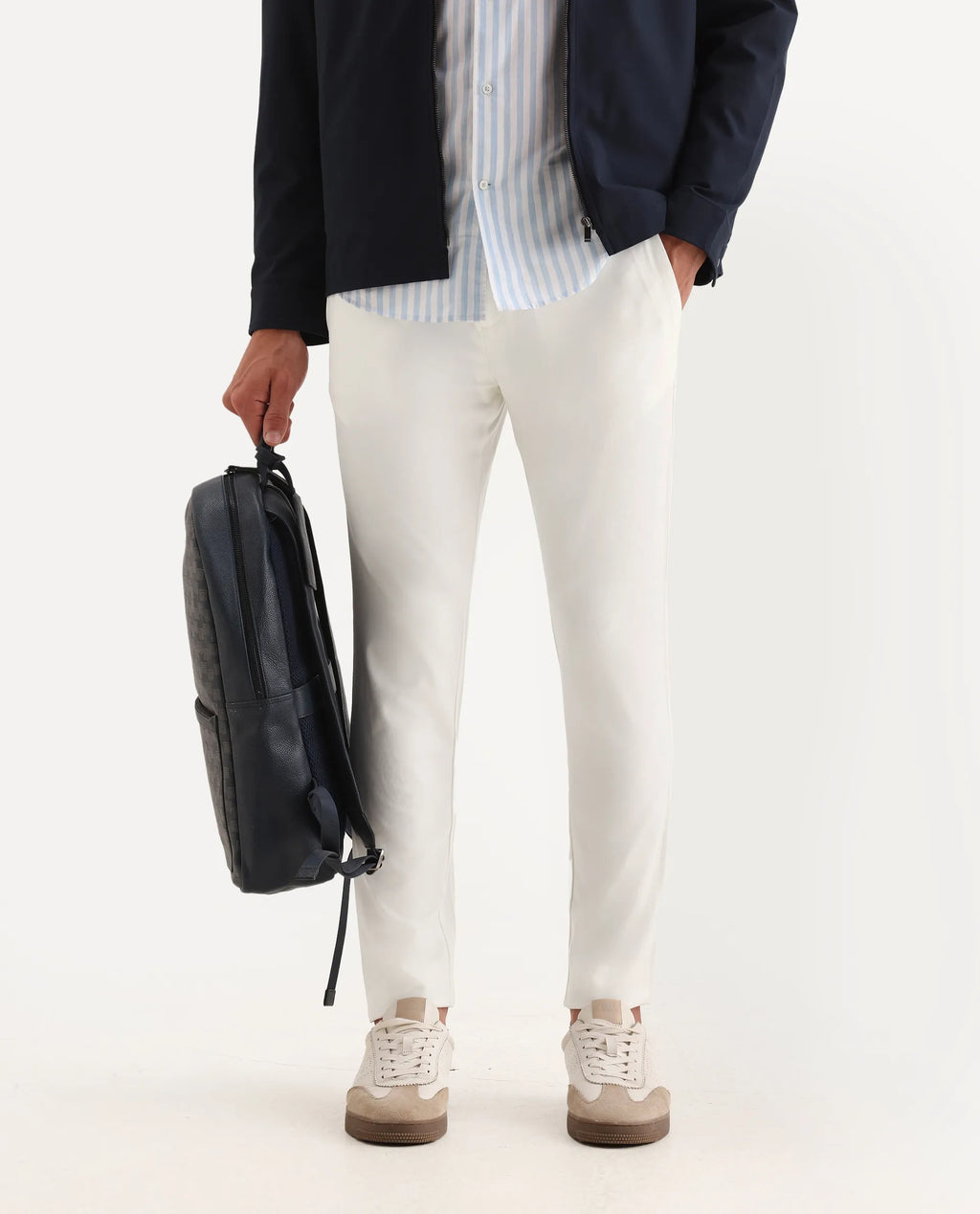 Rare Rabbit Men's Travel-2 White Solid Mid-Rise Slim Fit Stretch Trousers