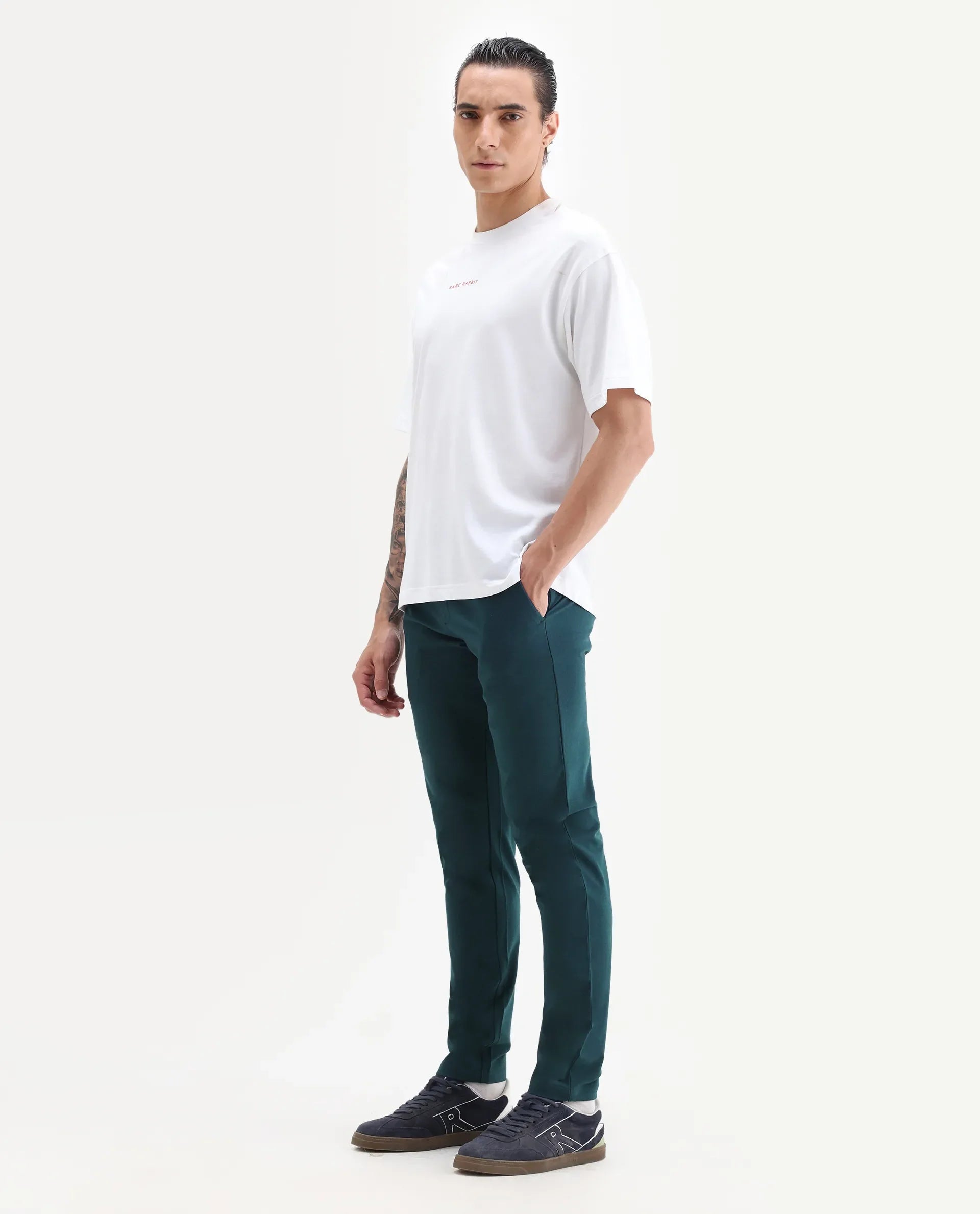 Rare Rabbit Men's Travellers Dark Petrol Solid Mid-Rise Regular Fit Trouser