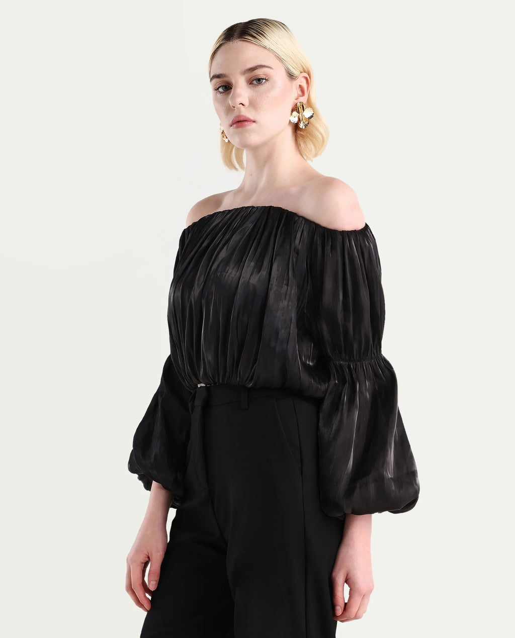 Rareism Women's Trese Black Polyester Plain Fashion Sleeve Crop Regular Fit Top