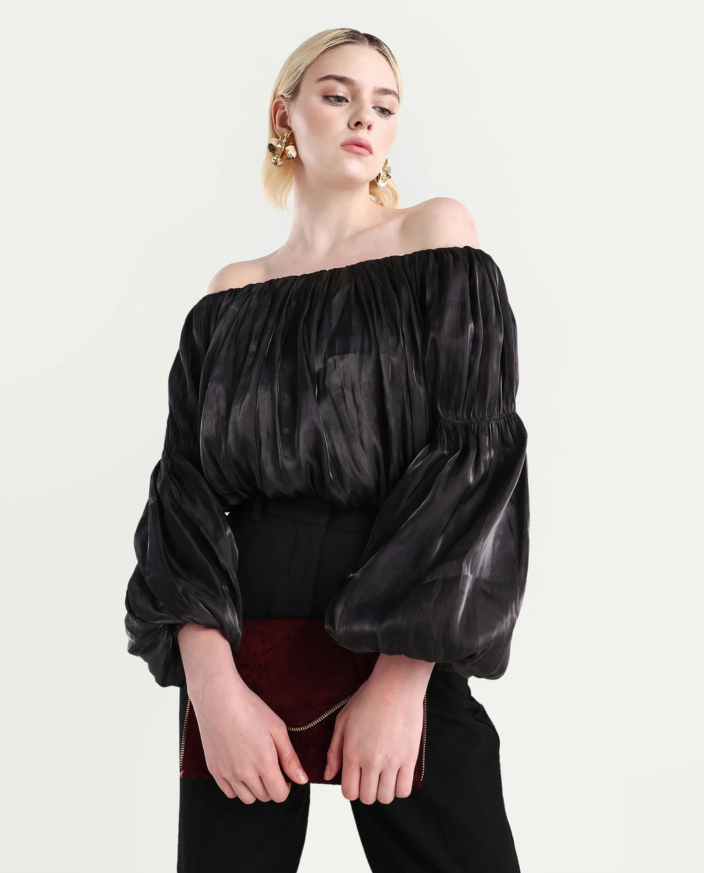 Rareism Women's Trese Black Polyester Plain Fashion Sleeve Crop Regular Fit Top