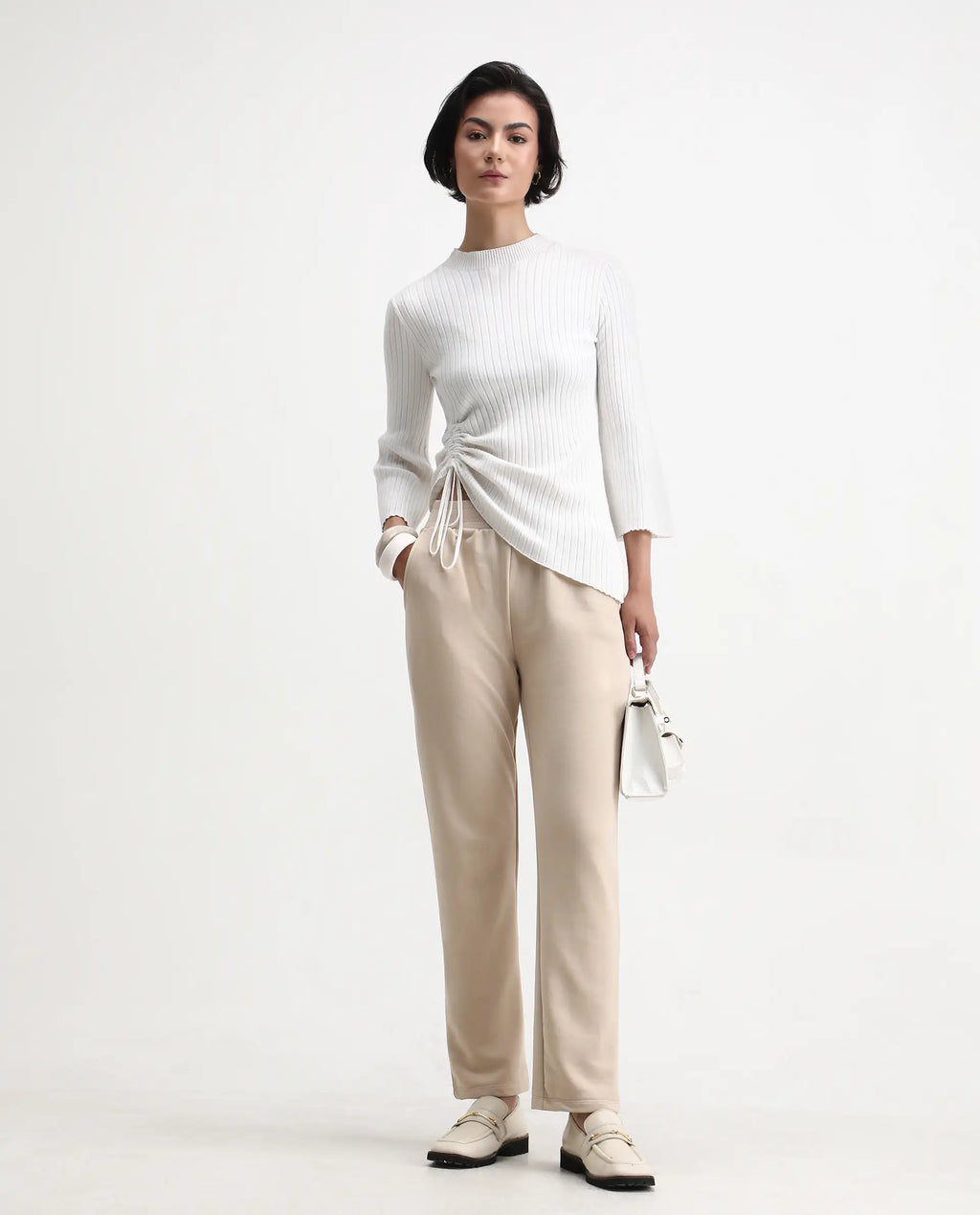 Rareism Women's Tribon Beige Cotton Blend Straight Fit Track Pant