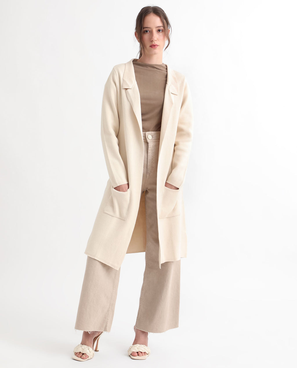 Rareism Women's Trident Beige Cotton Lapel Neck Plain Knee Length Regular Fit Sweater
