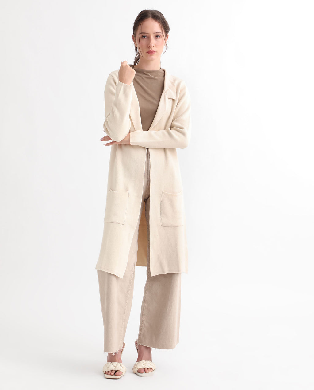 Rareism Women's Trident Beige Cotton Lapel Neck Plain Knee Length Regular Fit Sweater
