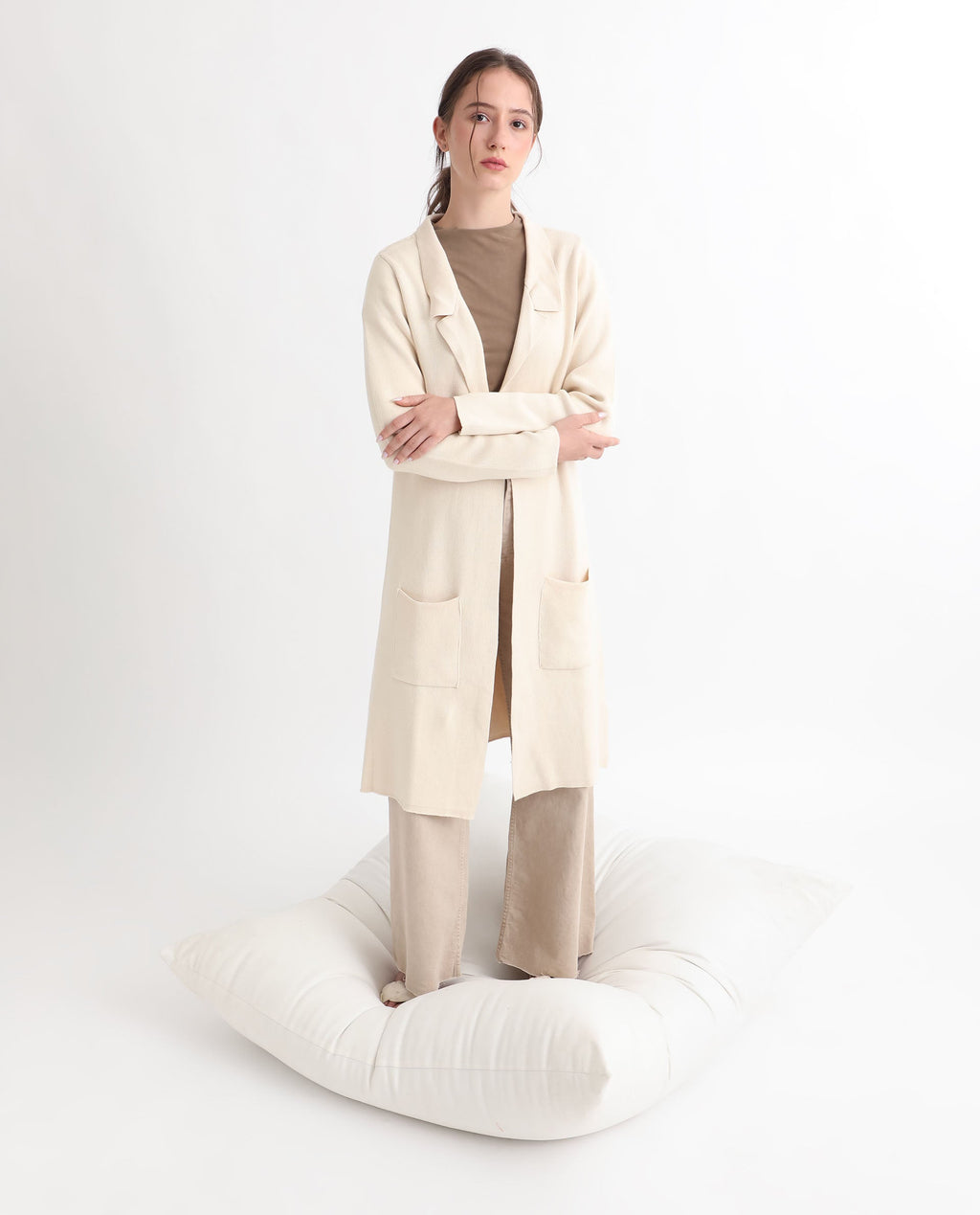 Rareism Women's Trident Beige Cotton Lapel Neck Plain Knee Length Regular Fit Sweater