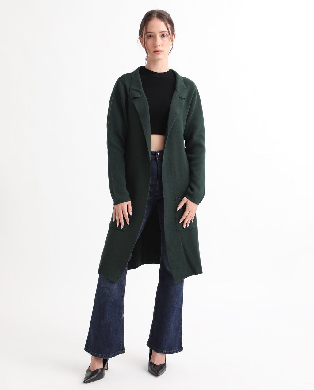 Rareism Women's Trident Green Cotton Lapel Neck Plain Knee Length Regular Fit Sweater