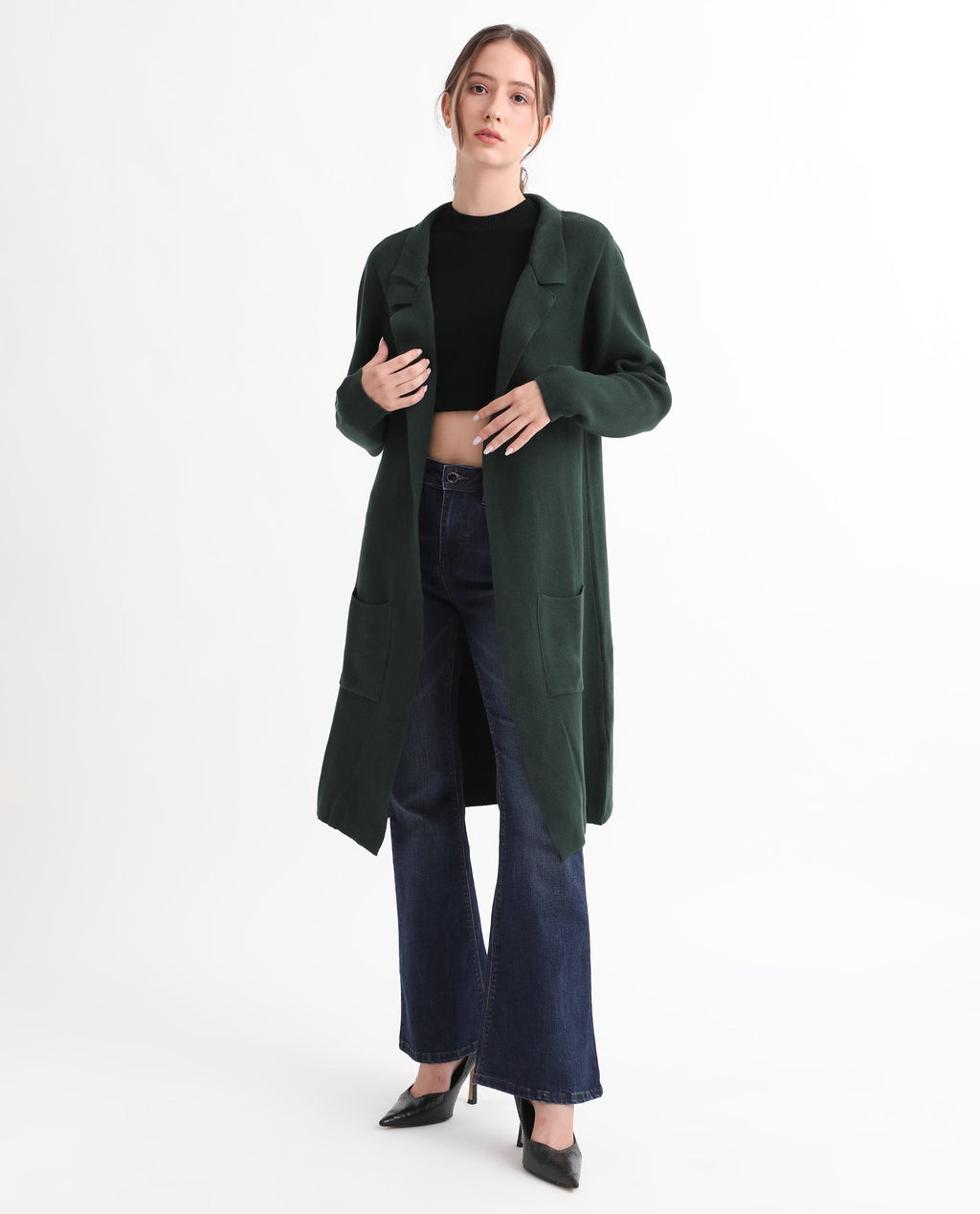 Rareism Women's Trident Green Cotton Lapel Neck Plain Knee Length Regular Fit Sweater