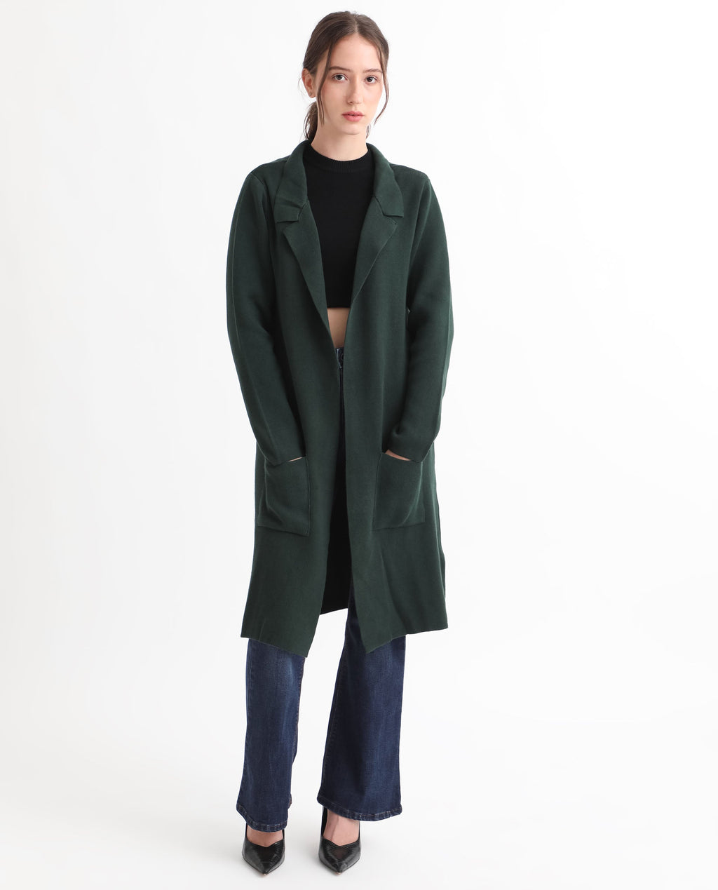 Rareism Women's Trident Green Cotton Lapel Neck Plain Knee Length Regular Fit Sweater