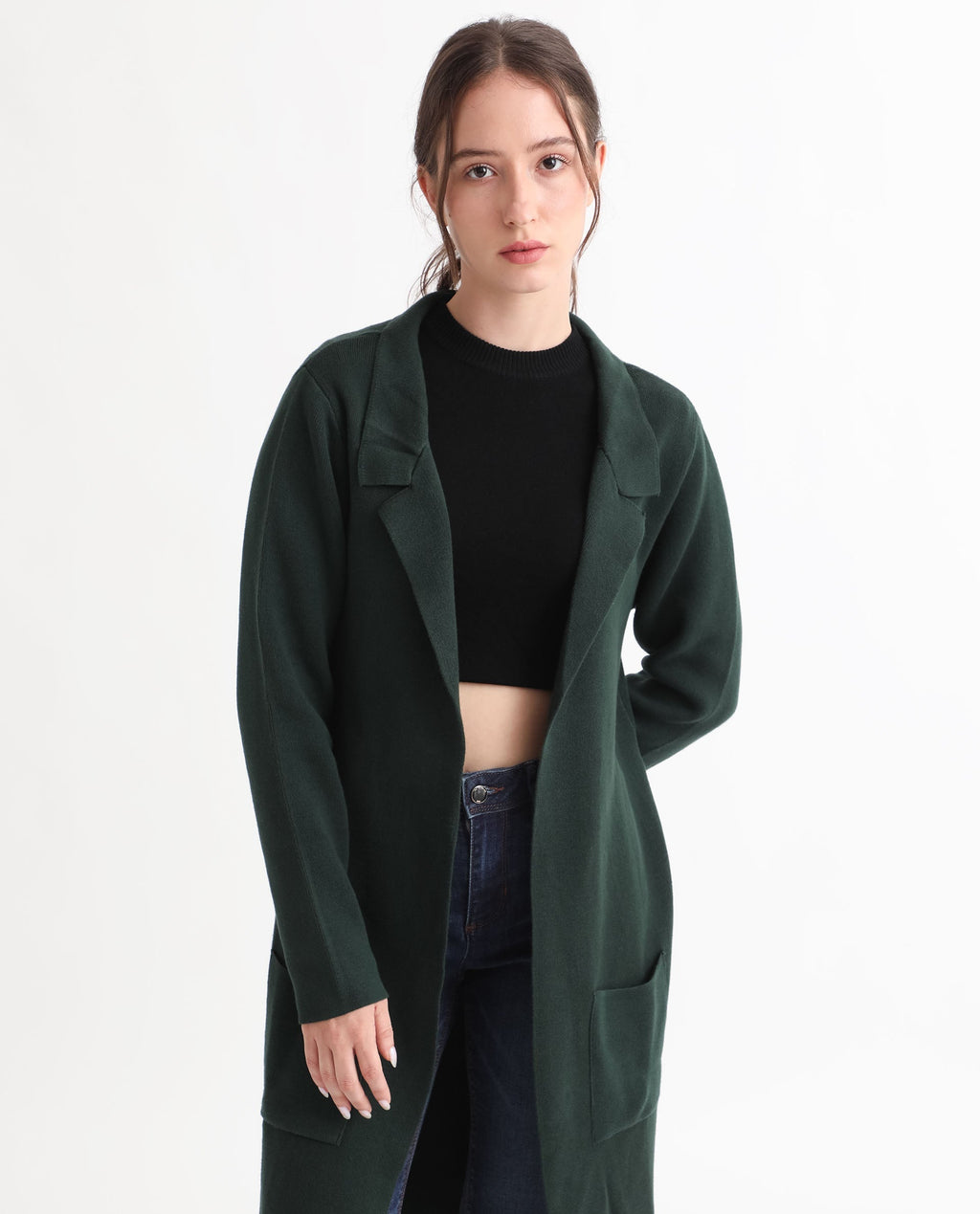 Rareism Women's Trident Green Cotton Lapel Neck Plain Knee Length Regular Fit Sweater