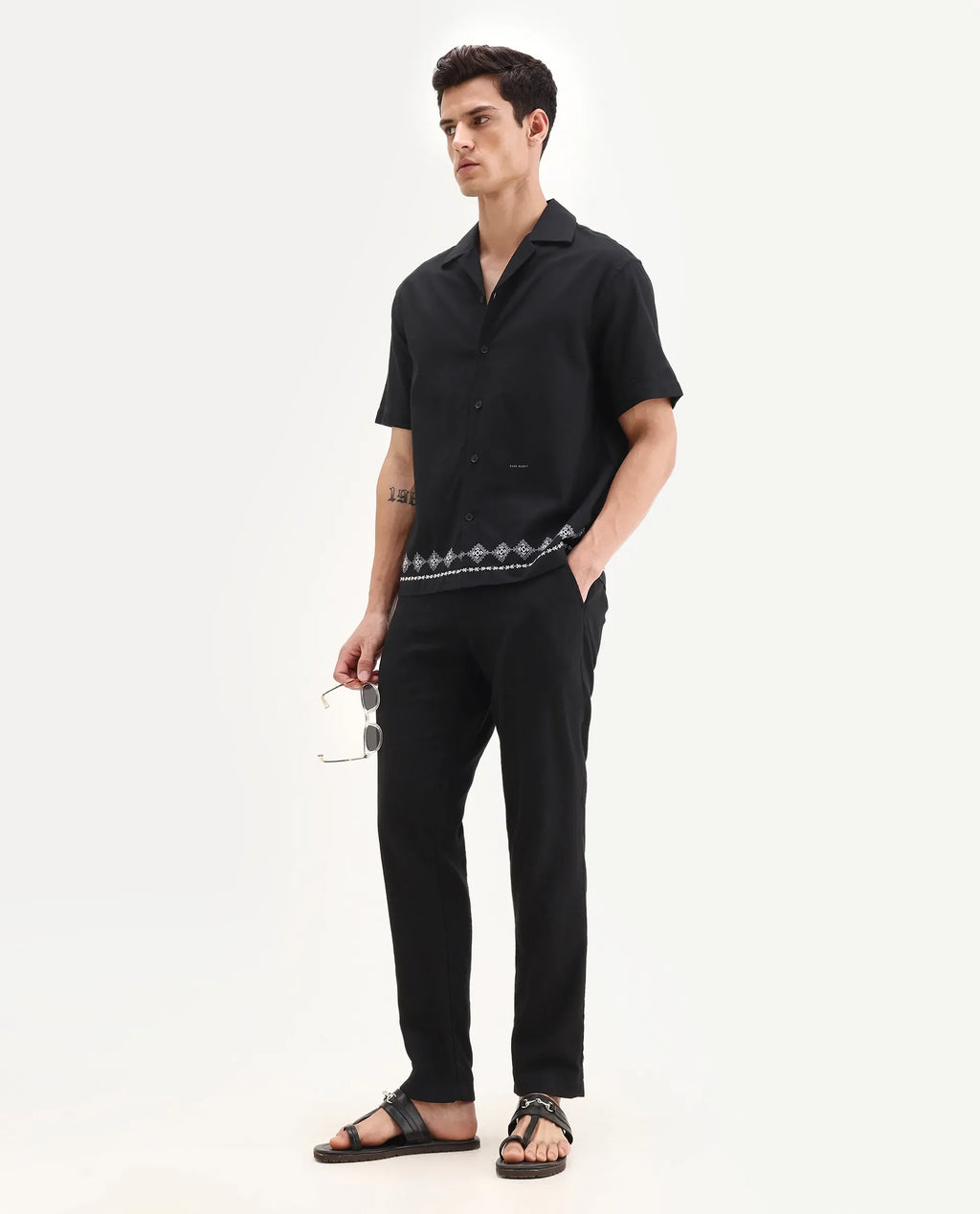 Rare Rabbit Men's Tirk Black Cotton Blend Embroidered Boxy Fit Half Sleeve Cuban Collar Shirt