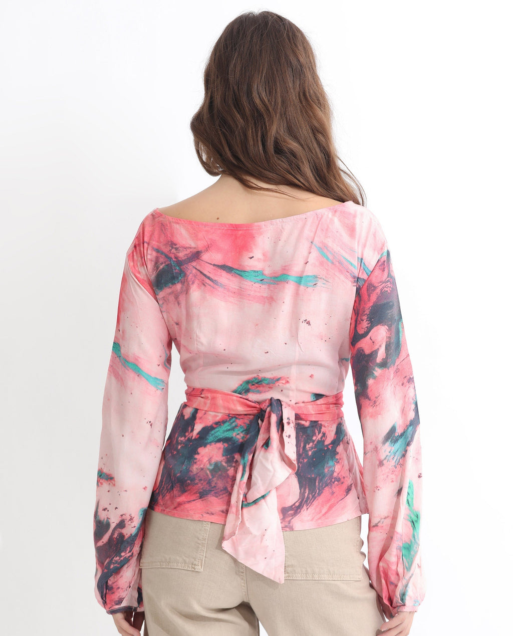 Rareism Women's Trivia Multi Viscose Boat Neck Abstract Print Extended Sleeves Regular Fit Top