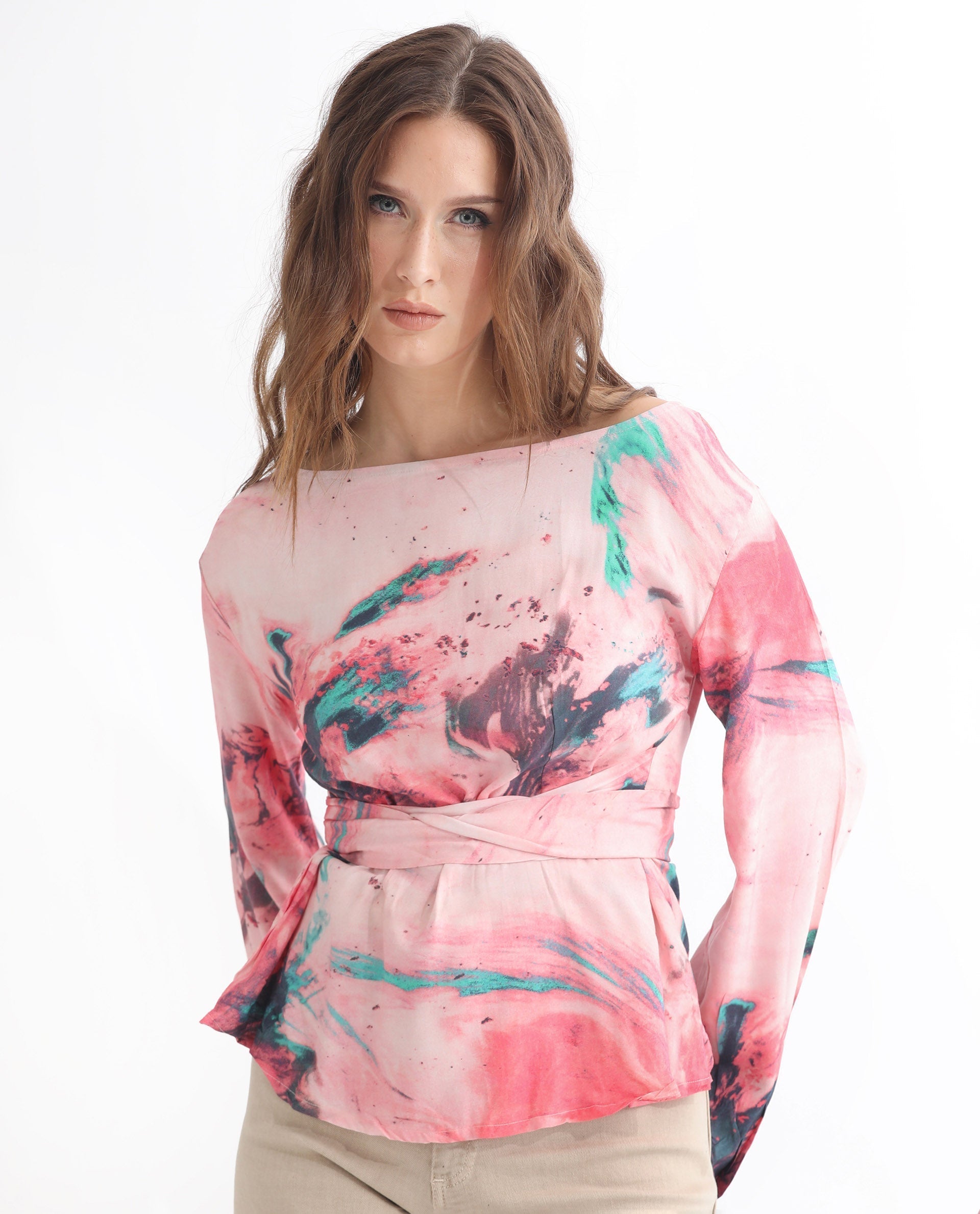 Rareism Women's Trivia Multi Viscose Boat Neck Abstract Print Extended Sleeves Regular Fit Top
