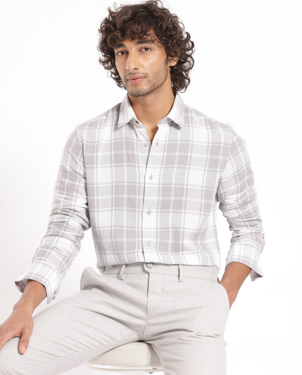 Rare Rabbit Men's Tropea Light Grey Cotton Checked Print Regular Fit Full Sleeve Collared Shirt