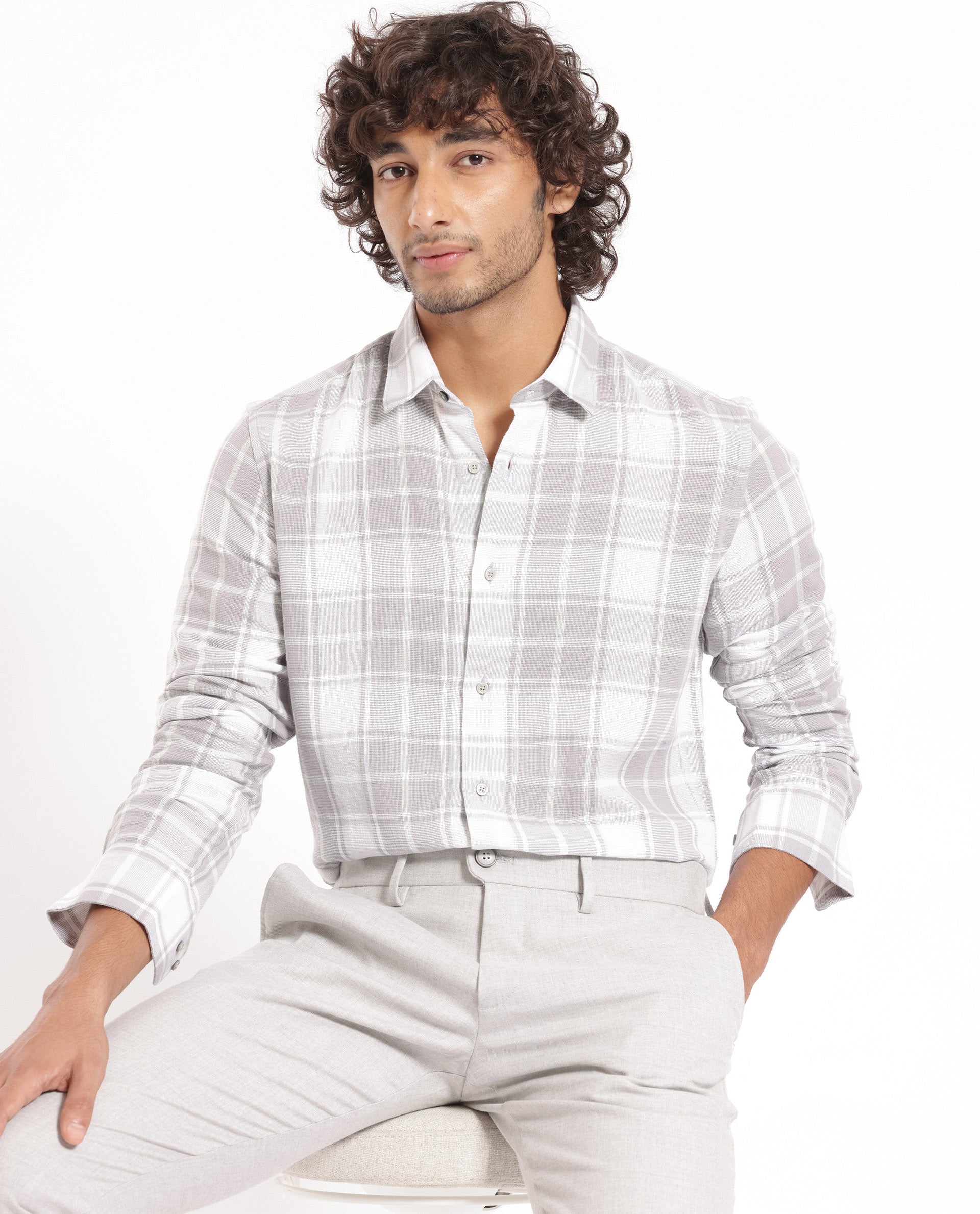 Rare Rabbit Men's Tropea Light Grey Cotton Checked Print Regular Fit Full Sleeve Collared Shirt