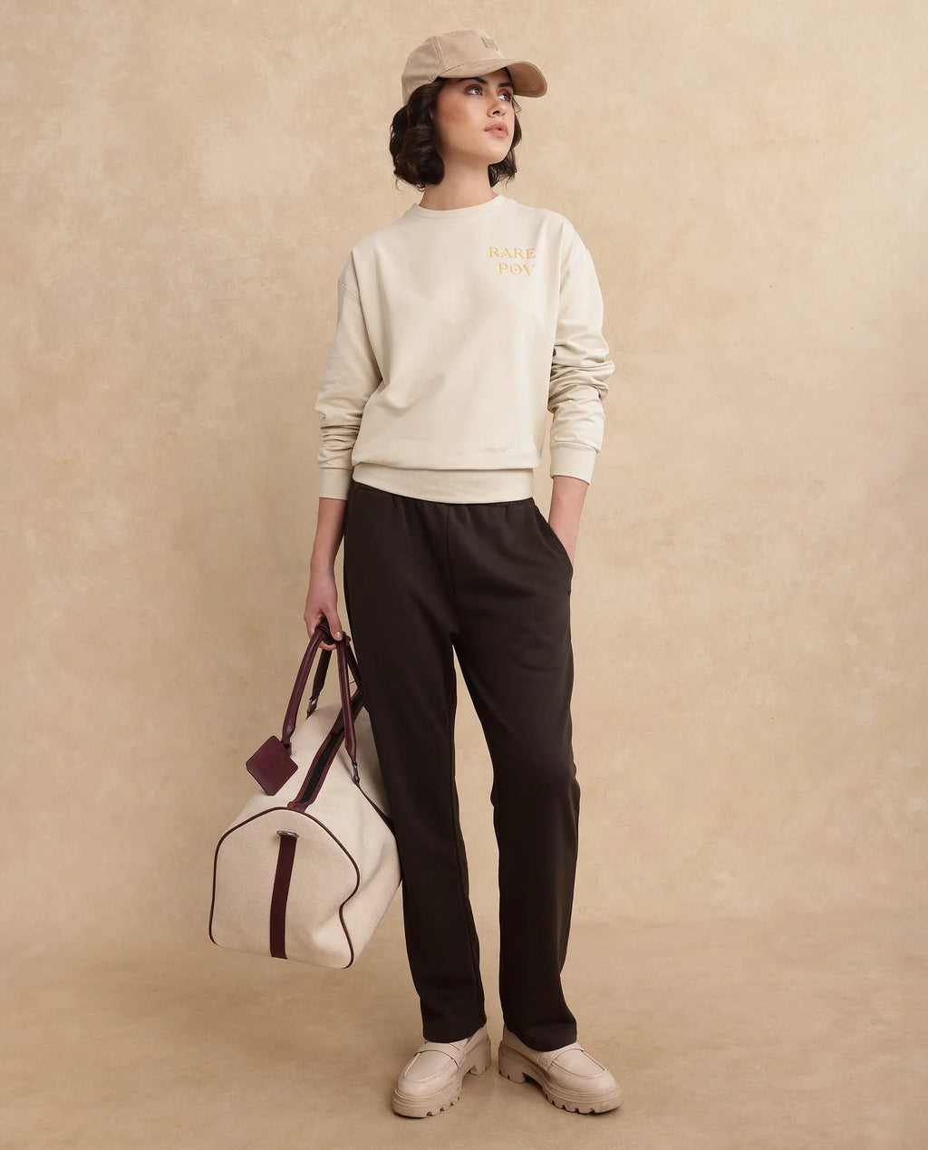 Rareism Women's Trunky Brown Cotton Blend Plain Ankle Length Straight Fit Track Pant