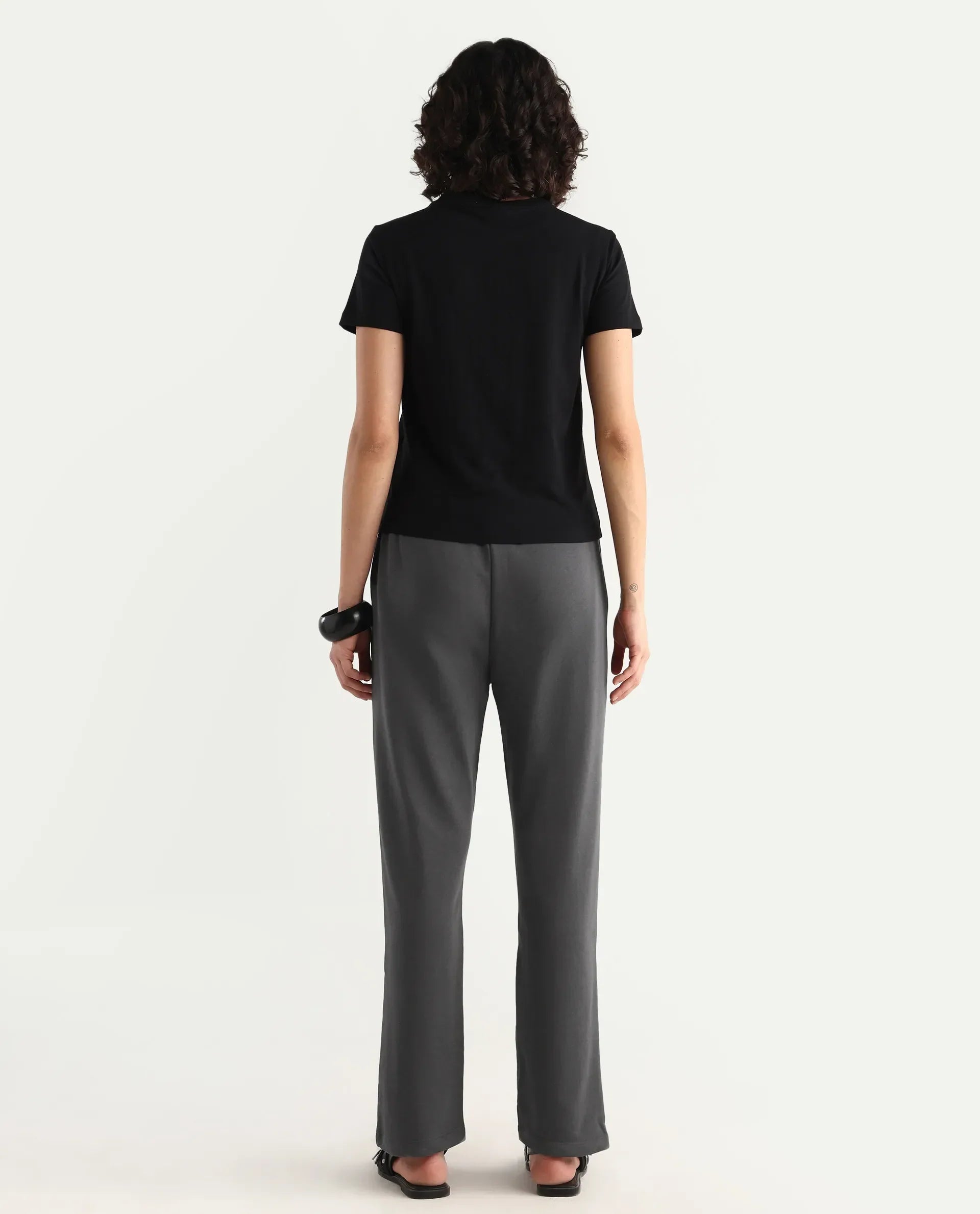 Rareism Women's Trunky Dark Grey Cotton Blend Plain Ankle Length Straight Fit Track Pant
