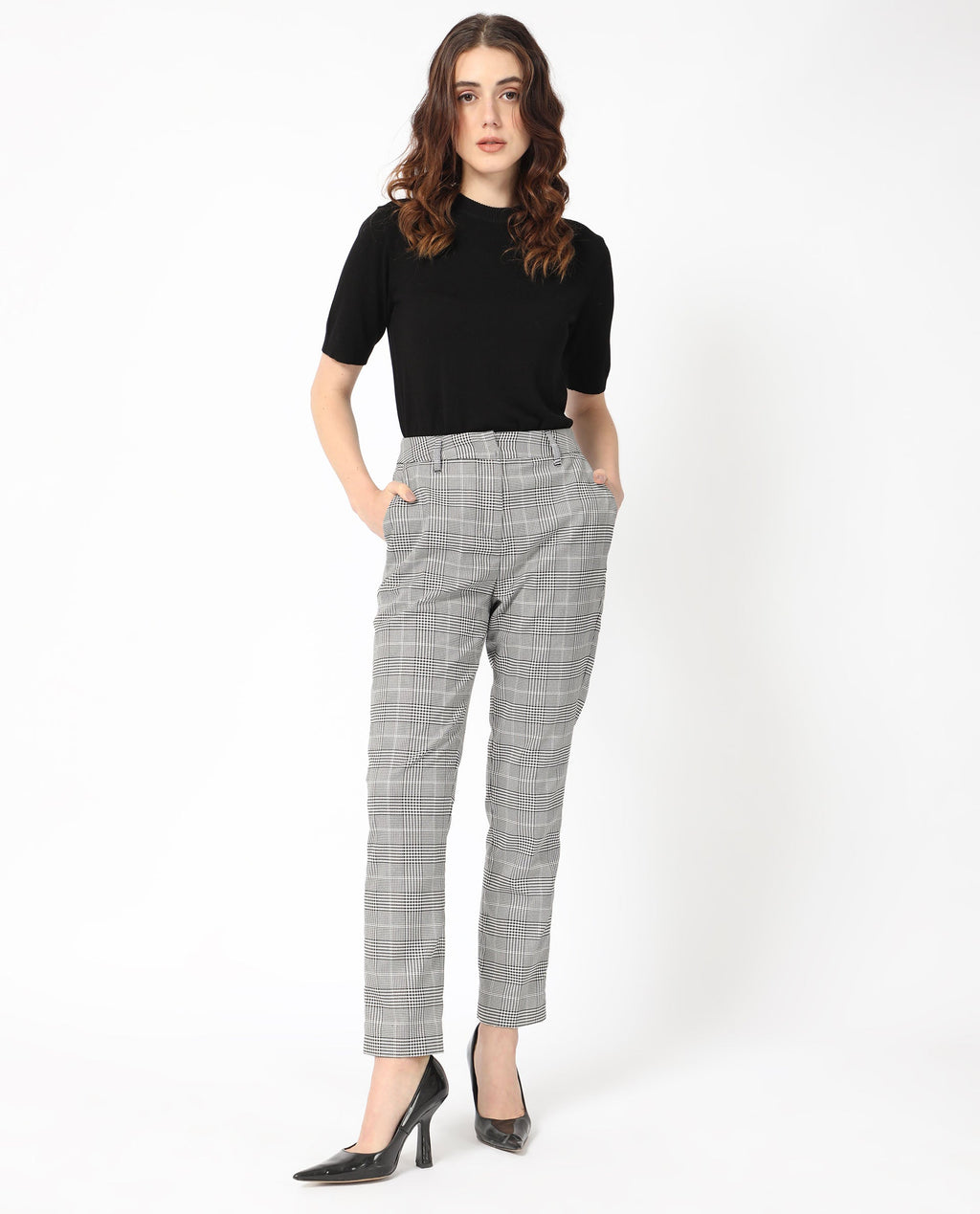 Rareism Women's Tucila Black Polyester Checked Ankle Length Tailored Trouser
