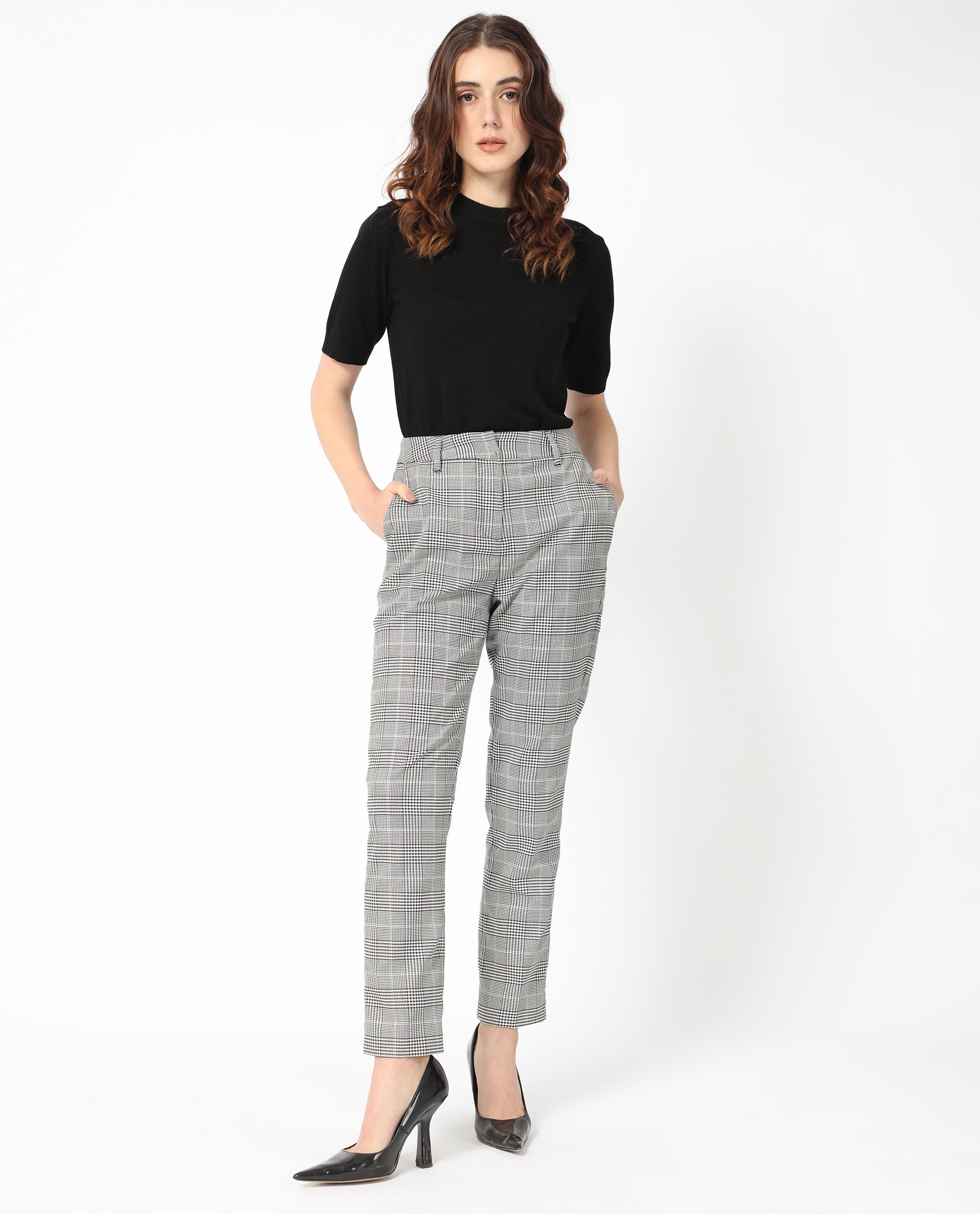 Rareism Women's Tucila Black Polyester Checked Ankle Length Tailored Trouser