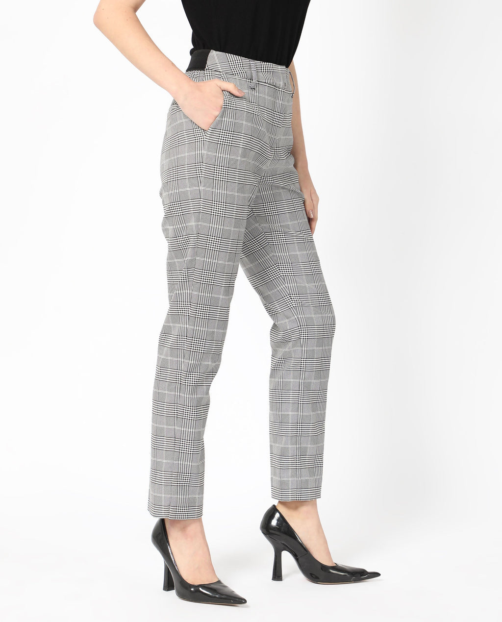 Rareism Women's Tucila Black Polyester Checked Ankle Length Tailored Trouser